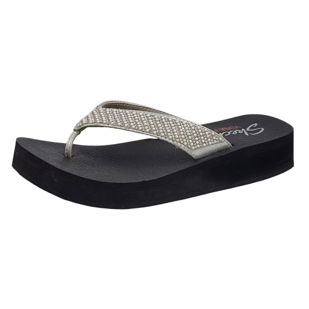 Skechers Silver Rhinestone Wedge Flip Flop Sandal